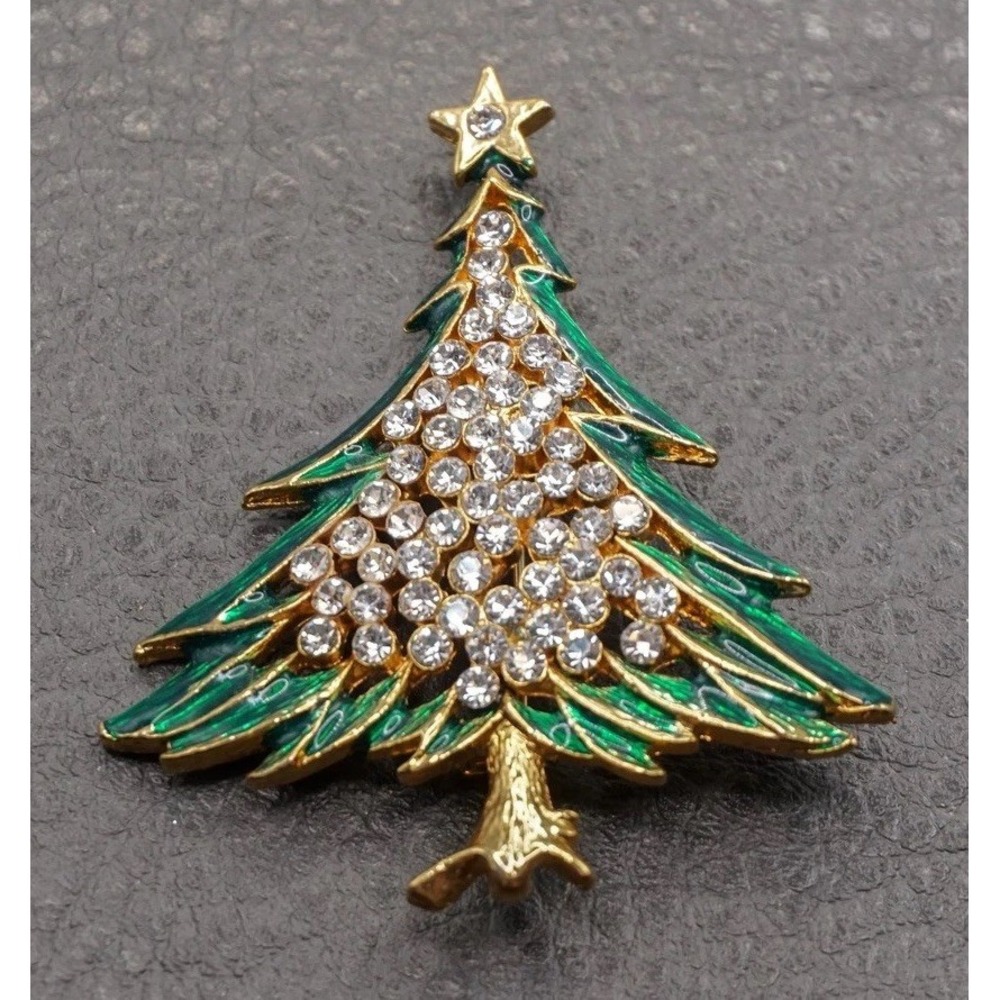 Vintage Christmas Tree Brooch Rhinestone Green Enamel Gold Tone